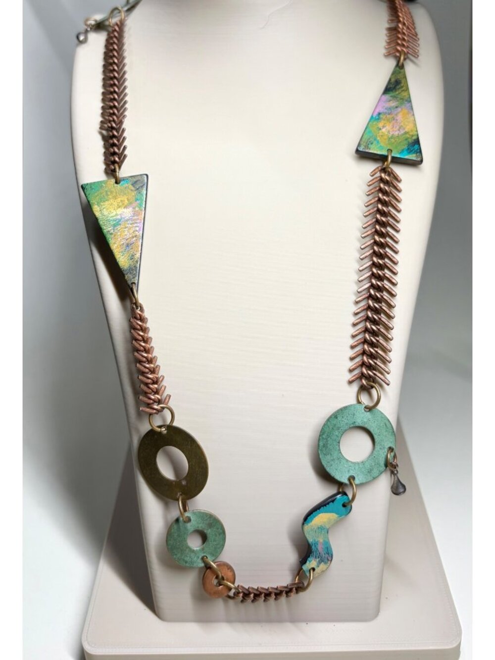 Statement Necklace Mixed Metal Copper Brass Multicolor Modernist Aprox 31 Inch - Picture 2 of 9